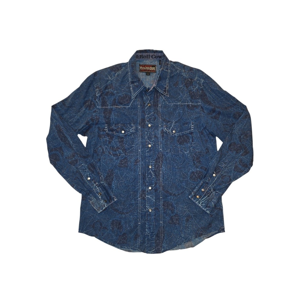 Rock & Roll Cowboy Western Paisley Pearl Snap Shirt Mens L Blue Long Sleeve - Picture 2 of 12